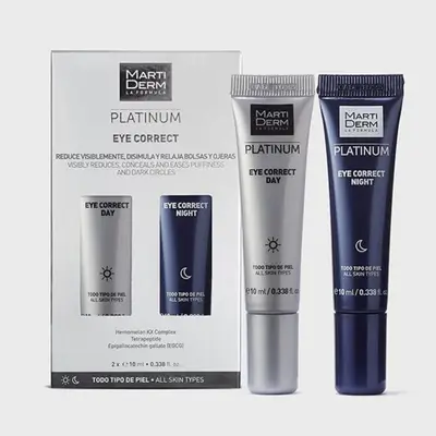 Martiderm Platinum Eye Correct عبارة عن مزيج من كريمين للعينين لجميع أنواع البشرة يساعدان على تفتيح منطقة العين ومحاربة جميع علامات التعب.