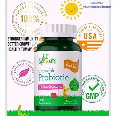 Probiotics for Kids and Adults, 6 Billion CFUs, Raspberry Flavor probiotic, kids & children & Men&Women Probiotics, stronger immunity, better growth, healthier gut, fight infections and diseases, 200 Chewables probiotics
