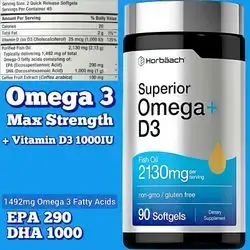 Horbäach, Omega3 + Vitamin D3, Purified Fish Oil, 2130mg, Omega 3, omega3, Ultra Potency, Essential for Brain Heart Cells Skin Eyes, high EPA and DHA, 90 Softgels omega 3 