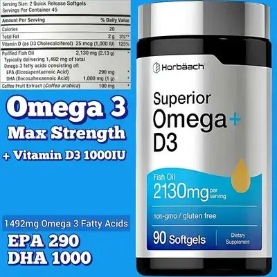 Horbäach, Omega3 + Vitamin D3, Purified Fish Oil, 2130mg, Omega 3, omega3, Ultra Potency, Essential for Brain Heart Cells Skin Eyes, high EPA and DHA, 90 Softgels omega 3