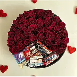 Box Of Red Flowers With Accessories, 67 Flowers