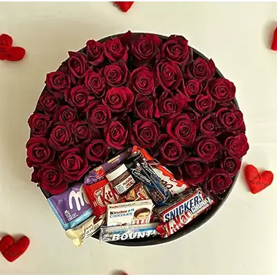 Box Of Red Flowers With Accessories, 67 Flowers
