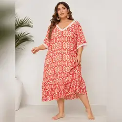 SHEIN Plus Size Red and white printed lounge dress - 3XL