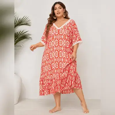 SHEIN Plus Size Red and white printed lounge dress - 3XL