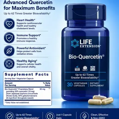 Life Extension, Bio-Quercetin, 62X Greater Bioavailability, Immune & Respiratory Health, Heart, Histamine, Seasonal Allergy, Anti-aging, Anti inflammation, Quercetin, Fenugreek, 30 Capsules Quercetin 