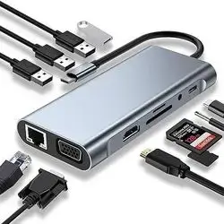 USB C HUB, USB C Adapter 11 in 1 Dongle with 4K HDMI, VGA, Type C PD, USB3.0, RJ45 Ethernet, SD/TF Card Reader, 3.5mm AUX, Docking Station Compatible with MacBook Pro/Air, Other Type C Laptops