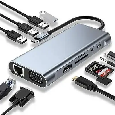 USB C HUB, USB C Adapter 11 in 1 Dongle with 4K HDMI, VGA, Type C PD, USB3.0, RJ45 Ethernet, SD/TF Card Reader, 3.5mm AUX, Docking Station Compatible with MacBook Pro/Air, Other Type C Laptops