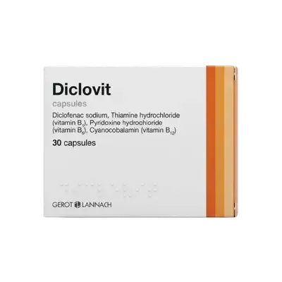 Diclovit (Diclofenac Sodium 50mg + B1 50mg + B6 50mg + B12 0.25mg) 30 Capsules _ GEROT LANNACH