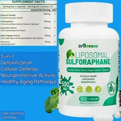Liposomal Sulforaphane, 500mg, Broccoli Extract, Quercetin, Black Pepper, Vitamin C , Antioxidant, Detox & Cellular Support for Men & Women, Sulforaphane, 60 Capsules Sulforaphane