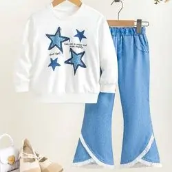 2pcs Young Girl Casual Knitted Star Print Crew Neck Long Sleeve Sweatshirt 5 Years