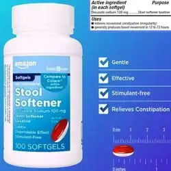 Amazon Basic Care, Stool Softener Laxative, Docusate Sodium 100 mg, Softgels, Laxative, stool softener, For Constipation Relief, bowel movement, hard stool, 100 Count stool softener