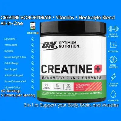 Optimum Nutrition Creatine Monohydrate Plus Powder, Strawberry Peach Flavored Creatine Performance Blend, with Electrolytes for Hydration, Added Vitamins, 40 Servings, 360 Grams Creatine
