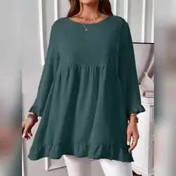 EMERY ROSE Plus Size Women Solid Color Round Neck Long Sleeve Blouse - 1XL