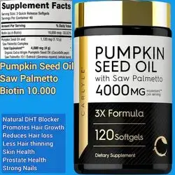 Pumpkin Seed Oil, Saw Palmetto, Biotin, 4000mg equivalent per serving, DHT Blocker, Hair Growth, reduce hair thinning, hair loss, prostate support, skin health, strong nails, 120 Softgels pumpkin Seed Oil