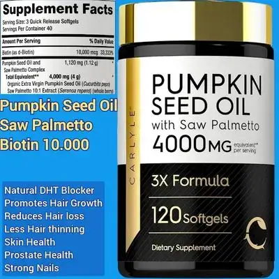 Pumpkin Seed Oil, Saw Palmetto, Biotin, 4000mg equivalent per serving, DHT Blocker, Hair Growth, reduce hair thinning, hair loss, prostate support, skin health, strong nails, 120 Softgels pumpkin Seed Oil