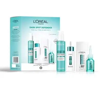L'Oreal Paris Dark Spot Defender Giftset, 4 Step Routine Powered By Niacinamide; Bright Reveal Spot Fading Serum-in-Cleanser; Niacinamide Dark Spot Serum; SPF 50+ UV Fluid; Exfoliant Peel Treatment