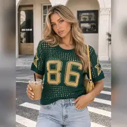 YuwenierPOP Retro Sporty Green Knit Hollow-Out Short Sleeve Sweater T-Shirt - Small