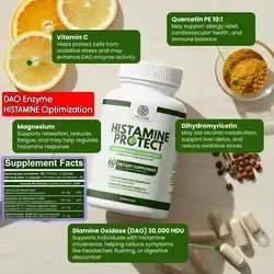 Velluré Histamine Protect – Premium Histamine Blocker DAO Enzyme with Diamine Oxidase Enzyme 30000 HDU – Advanced Gut Health, Food Intolerance and Immunity, Quercetin, Vitamin C, Magnesium – 60 Caps Dao Enzyme