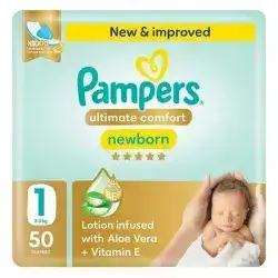 Pampers Ultimate Comfort Taped Diapers, Size 1, 2-5kg, Lotion infused with Aloe Vera and Vitamin E 50 Pieces 