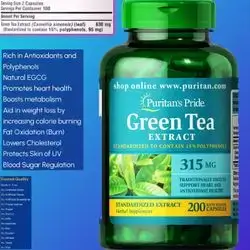 Green Tea Standardized Extract 315mg, Herbal Supplement for Antioxidant Health, Weight Loss, Fat Burner, Insulin Sensitivity, Heart and Brain, oxidative stress, EGCG, 200 caps green tea