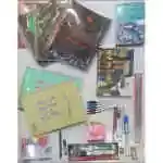 Metal Ruler+sticky Note+uhu Stick+5pen+correction Pen+5highlighter Pen+set Pencil+ Mechanical Pencil+minen+cutter+2ereser+metal Sharpner+2 100 Paper Notebook+2 200 Paper Notebook++150 Paper Notebook+notebook