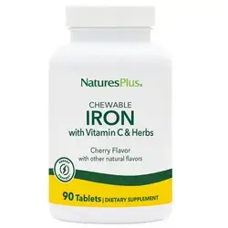 NaturesPlus Chewable Iron, Cherry - 90 Tablets - Supports Natural Energy Production - High-Potency Supplement with Vitamin C & Herbs - 90 Servings