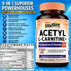 Acetyl L Carnitine, 1250mg, with B1, B2, B3 Niacin, Biotin, Folate, Folic acid, Methyl B12, B5, Iron Glycinate, B Complex, Energy, Brain, Fat Metabolism, Sexual Health, Fertility & Sperm, Carnitine, L Carnitine, 240 Caps Carnitine