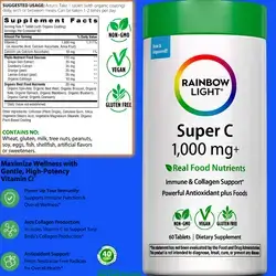 Super C 1,000 mg + Real Food Nutrients Vitamin C , vitamin C, Immune & Collagen Support, made With Real Food, 60 Vegan Caplets vitamin c