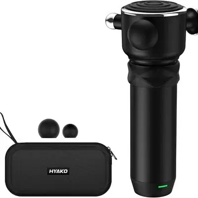 HYAKO R1 Deep Tissue Vibrating Muscle Massager in its carrying case.