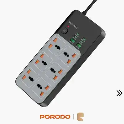 Porodo 3000W 6AC Universal Power Strip 4x Type-C & 2x USB-A Ports - Gray