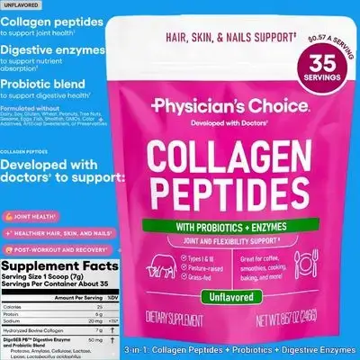 Physician's CHOICE Collagen Peptides, Hydrolyzed Collagen Peptides Powder, for Hair, Skin, Joints, Wrinkles, Grass Fed, No Sugar or Additives, with Prebiotics & Digestive Enzymes, 346g, 35 servings collagen Peptides