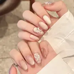 10pcs Pink Cat Eye Long Short Oval Shape Handmade Press On Nails Set Medium Size