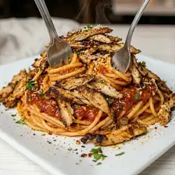 Spicy spaghetti with chicken shawarma 