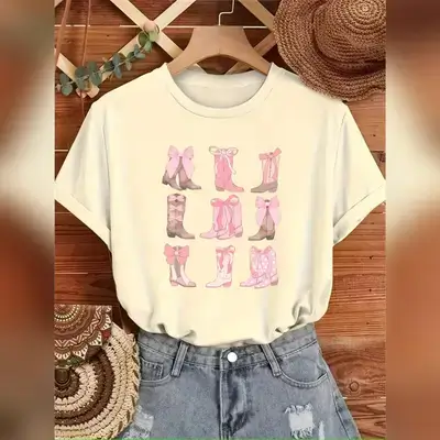 2026 Pink Bow Cowgirl Boots Shirt Country T-Shirt - Small