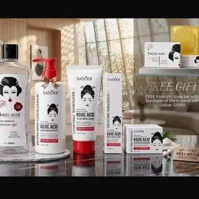 Sadoer Kojic Acid Whitening Freckles Skincare Set ( Shower Gel 500ml, Body Lotion, Cleanser, Face Cream, Serum, and Free Soap)