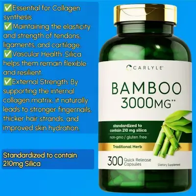 Bamboo Extract With SILICA, For Hair Growth, Collagen Production, Joints, hair thinning, hair loss, cartilage, tendons, joint health, 300 Capsules Silica