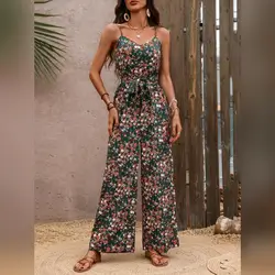 Breezaya Women's Full Print V Neck Cami Jumpsuit - Large
