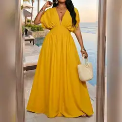 SHEIN Lady Plus Size Women Deep V-Neck Ruched Waist Elegant Dress - 2XL