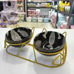 Double Ceramic Cat Bowls For Food & Water With Metal Stand