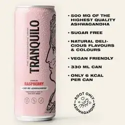 Raspberry Sparkling Ashwagandha Drink from Tranquilo -of Natural Vegan Calming Fruit Drink Infused with 500mg Ashwagandha Root - Sugar Free, CBD Free, & No Caffeine
