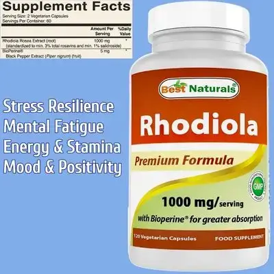 Rhodiola, with Bioperine for Maximum Absorption, Rhodiola Rosea, Mood, Stress Adaptation & Resilience, Energy, Stamina, Mental Energy, 1000mg Serving, 120 Capsules Rhodiola