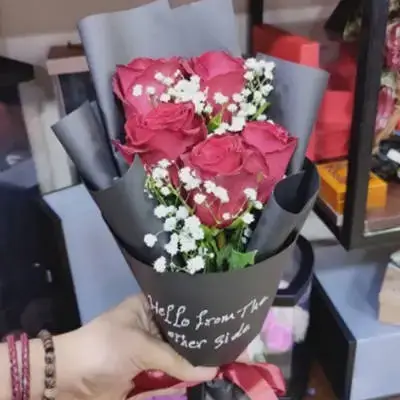 Red Rose, Gypsophila, Accessories, With Black Packaging