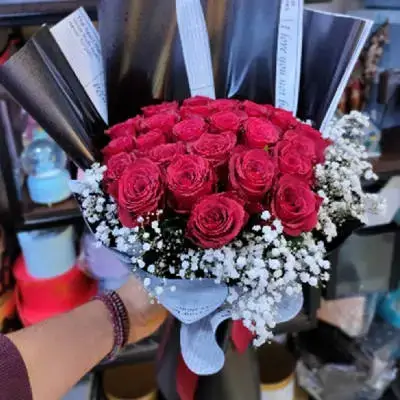 Red Rose, Gypsophila, Accessories, With Black Packaging