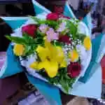 Yellow Lily Rose Sharabi (Dark Pink) Yellow Rose White Daudi Gypsophila Alstroemeria Pink Accessories Cheddar Packaging