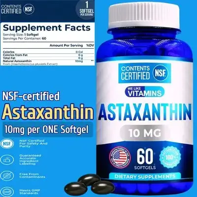 NSF Certified Astaxanthin, 10mg per ONE Softgel, Natural Astaxanthin From Haematococcus Pluvialis Microalgae, Helps Support Eyes, Joints & Skin, Antiaging, Heart and Brain, 60 Softgels Astaxanthin 