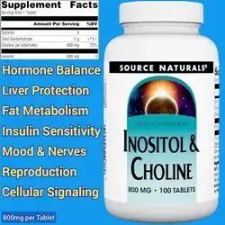 Inositol and Choline, Inositol 400mg, Choline 400mg, Supports Healthy Nerve & Liver Function, fat metabolism, hormone balance, ovarian, brain development, Men and Women, 800 mg, 100 Vegetarian Tablets inositol
