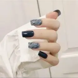 24 Medium Press on Nails kit glue on dark square black gray marble