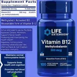 Vitamin B12 Methylcobalamin 500mcg, active B12, methylated vitamin B12, General Energy and Brain Health, Sugar Free Lozenges Dissolve in Your Mouth, Once Daily, 100 Lozenges b 12
