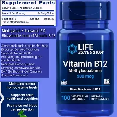 Vitamin B12 Methylcobalamin 500mcg, active B12, methylated vitamin B12, General Energy and Brain Health, Sugar Free Lozenges Dissolve in Your Mouth, Once Daily, 100 Lozenges b 12