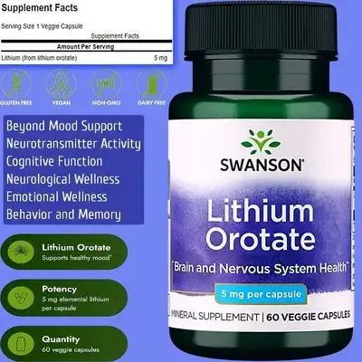 Lithium Orotate, 5 mg Elemental Lithium, Mood & Emotion & Behavior & Brain & Memory Supplement for Stress-Prone Adults Seeking Emotional Wellness, one a day, 60 Capsules Lithium